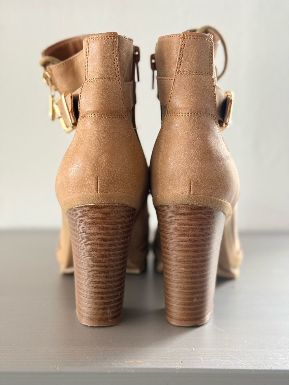 G by Guess Tan Lace-Up Block Heel Ankle Boot with Gold Buckle - Picture 4 of 6
